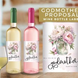 Godmother Proposal Wine Bottle Label, Floral, Personalised, Editable & Printable Will you be my Godmother Gift, Elegant, Pink Flowers GM04