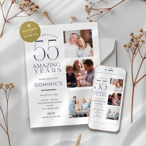 55th Birthday Invite for Man or Women, Printable Digital Invite with Photos, Modern, Minimal Party Invitation Template, Minimalistic