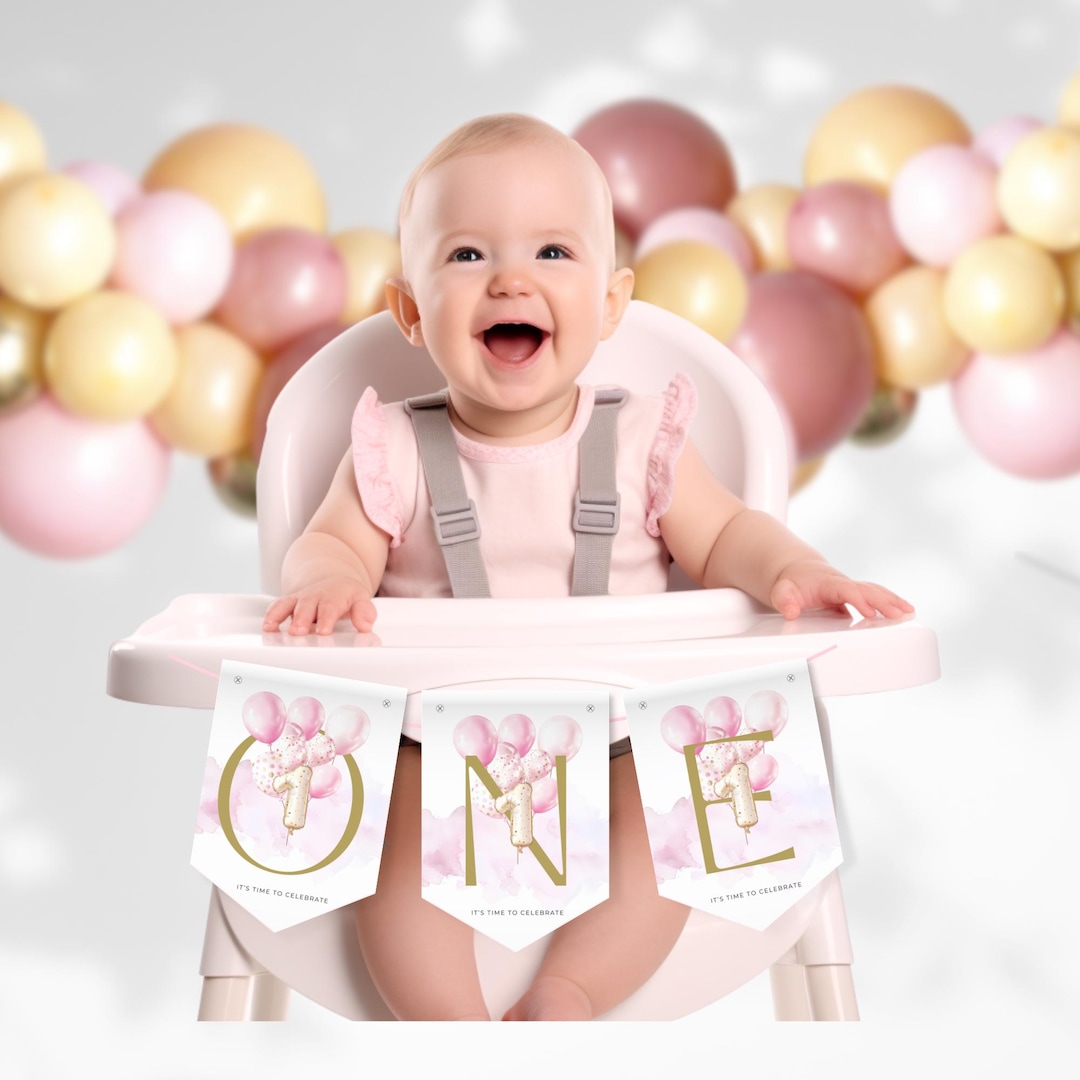 Highchair Banner for Girls First Birthday, One Year Old Pink & Gold ...