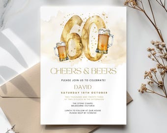 Cheers & Beers to 60 Years Invitation, 60th Birthday Invite for men Watercolor,  Digital and Electronic, Text, Email, Printable and Editable