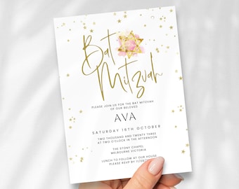 Bat Mitzvah Invitation Template, Star of David, Jewish Digital Party Invite, Text or Email, Personalised, Printable & Editable, for Girl,