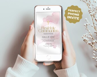 First Communion Invitation Electronic, Pink E Invitation, Electronic Smartphone, Digital Girls Phone Invite, Text, Email, Instant Download