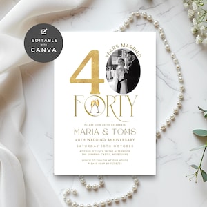 May include: Gold glitter 40th anniversary invitation with a photo of a couple in a circle. The text reads "Years Married 40 Forty" and "Please join us to celebrate Maria & Toms 40th Wedding Anniversary Saturday 16th October at four o'clock in the afternoon The Jumping Castle, Melbourne Lunch to follow at our house Please RSVP by 11/08/23"
