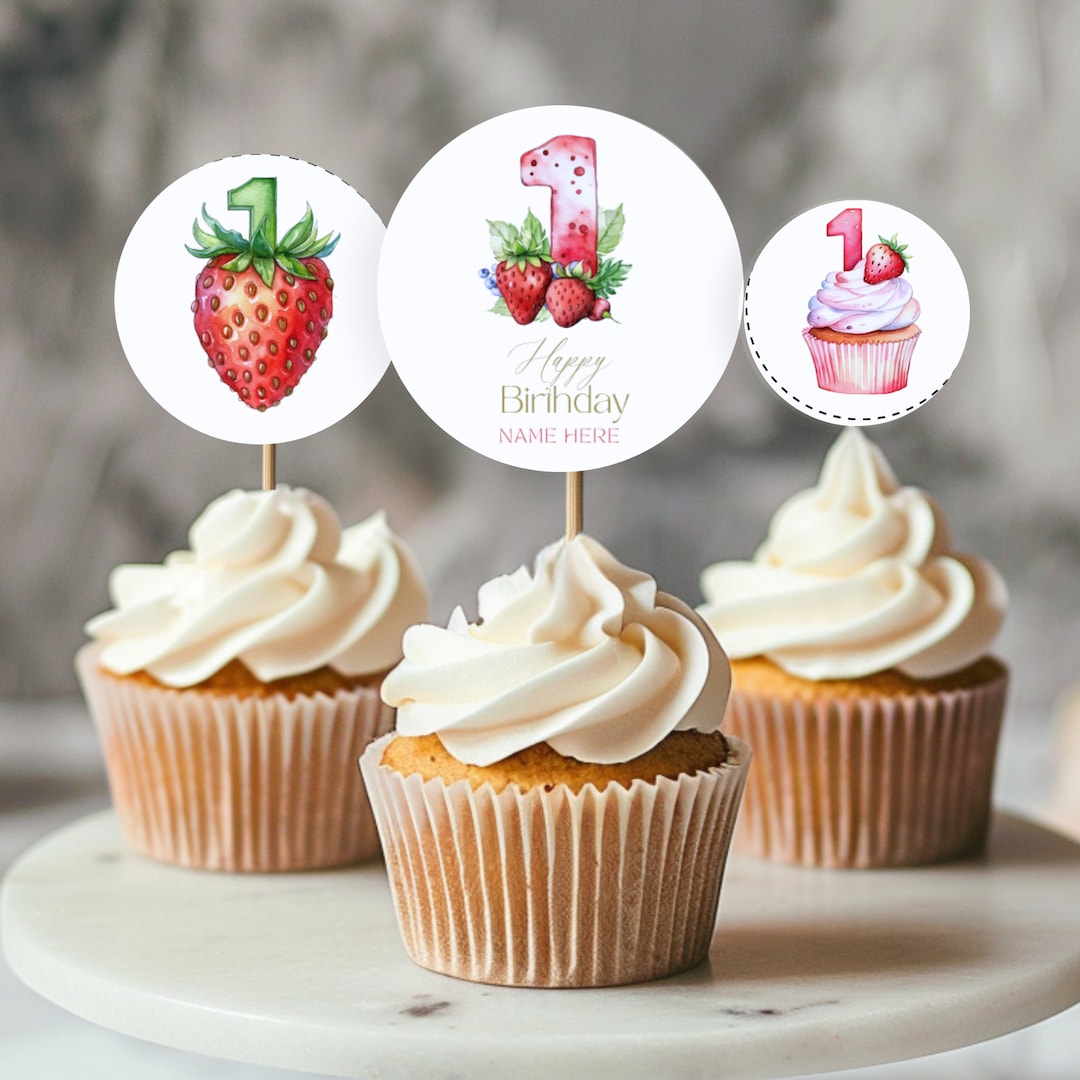 Berry First Birthday Cupcake Toppers, Strawberry Decor, Sweet One Cake ...