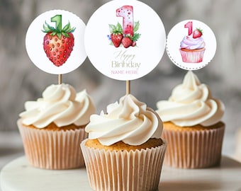 Berry First Birthday Cupcake Toppers, Strawberry Decor, Sweet One Cake Decorations, Girls 1st Birthday Party Supplies, Printable, Editable