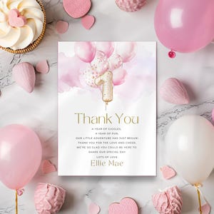 Baptism Thank You Card, Dusty Pink and Gold Balloon Theme for Girl, Editable Baby Christening Note, Printable Gratitude Card, Customizable