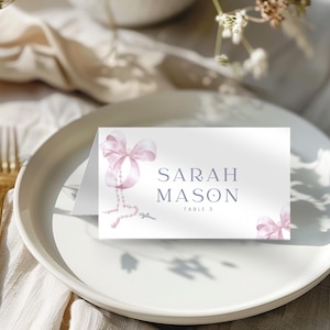 Place Card Table Template, Pink Bow Christening Table Place Settings, Name Seating Cards, First Holy Communion, Folded or Flat