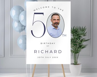 50th Birthday Welcome Sign for Him, Yard Sign or Poster with Photo, Custom Party Décor for Women or Men, Customizable, Printable, Editable.