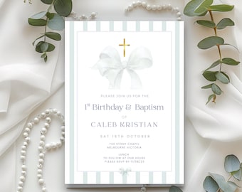 Baptism and First Birthday Invitation Sage Green , Digital Template with Bow, Stripes and Gold Cross, 1st or 2nd B/day & Christening Invite
