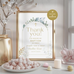 Baptism Thank you for Coming, Eucalyptus Please take a Favor Sign, CanvaTemplate, Greenery Christening Table Sign, Printable and Editable,