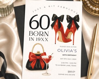 Red and Black 60th Birthday Invitation, 60 & Fabulous, Modern Designer Cocktail Template, Luxury Glam Party, Digital Electronic Phone Invite