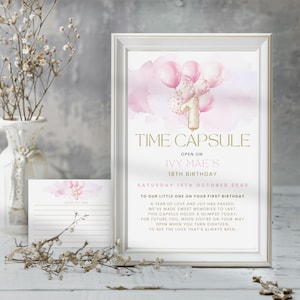 One Year Old Time Capsule Sign, 1st Birthday Wishes, Baby Girl Keepsake,  18th Memory, Editable and Printable, Milestone Poster, Party Decor