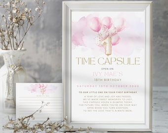 One Year Old Time Capsule Sign, 1st Birthday Wishes, Baby Girl Keepsake,  18th Memory, Editable and Printable, Milestone Poster, Party Decor