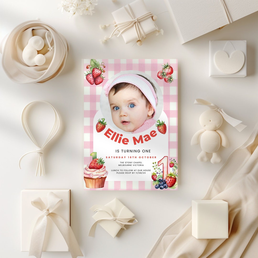 Berry First Birthday Invitation Photo, Berry Sweet Pink Gingham 1st ...