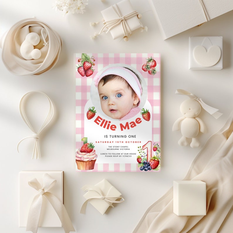 Berry First Birthday Invitation Photo, Berry Sweet Pink Gingham 1st ...