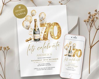 Happy 70th Birthday Invitations with Wine, Gold Fabulous & Seventy Party Invite for Women or Men, Seventieth Milestone, Digital, Electronic