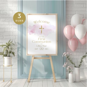 Pink First Holy Communion Welcome Sign, Watercolor 1st Communion Party Signage for Girl, Printable & Editable Poster, Decorations, 3 x Sizes