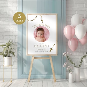 Welcome Sign for Bautizo, Minimal Spanish Baptism Signage for Boy or Girl with Photo, Printable and Editable Poster, 3 x Sizes