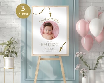 Welcome Sign for Bautizo, Minimal Spanish Baptism Signage for Boy or Girl with Photo, Printable and Editable Poster, 3 x Sizes