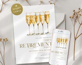 Retirement Party Invitation for Women or Men, Modern Gold and White with Champagne Glasses Celebration Invite, Editable, Digital, Electronic