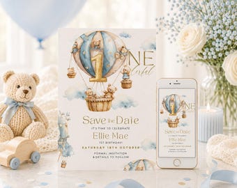 Boy Birthday Save the Date, Mr Onederful Hot Air Balloon First Birthday Invitation, Little Mans 1st Party, Digital Text or Email E Invite
