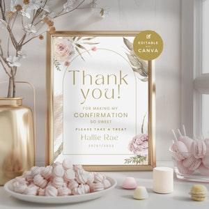 Confirmation Thank you for Coming, Please take a Favor Sign, Pink Pampas Grass Template,  Dessert Table Sign, Printable and Editable,