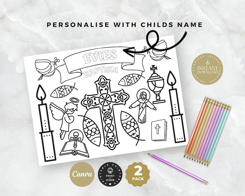 Baptism Coloring Sheet, Printable and Personalized Kids Activity