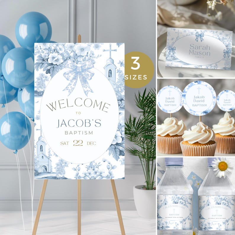 Baptism Invitation Bundle for Boys, French Dusty Blue Toile De Jouy