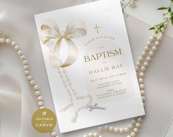 Baptism Invitation with Bow, Modern Gold Bow & Rosary Beads, Electronic Coquette Christening Invite, Digital, Text, Printable, Editable