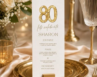 80th Birthday Dinner Menu, Elegant Gold Theme, Editable  Template for Men or Women, Perfect for Parties, Customizable & Printable