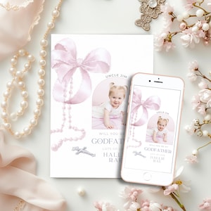 Will You Be My Godfather Proposal Card, Pink Bow Godfather Note for Girls Baptism, Personalised, Editable & Printable, Digital, Electronic
