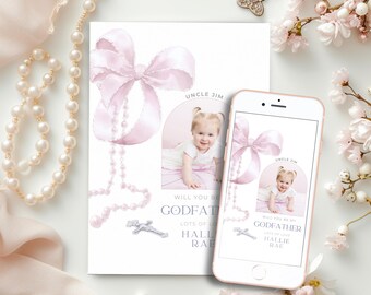 Will You Be My Godfather Proposal Card, Pink Bow Godfather Note for Girls Baptism, Personalised, Editable & Printable, Digital, Electronic