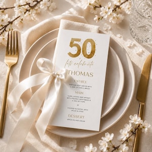 50th Birthday Dinner Menu, Elegant Gold Theme, Editable Template for Men or Women, Perfect for Parties, Customizable & Printable
