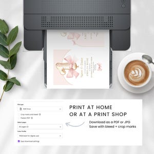 May include: A printable save the date card for a first birthday party. The card features a pink and gold color scheme with a number one balloon and a bow. The text on the card reads "Save the Date" and "Amelia Rose". The card is designed to be printed at home or at a print shop.