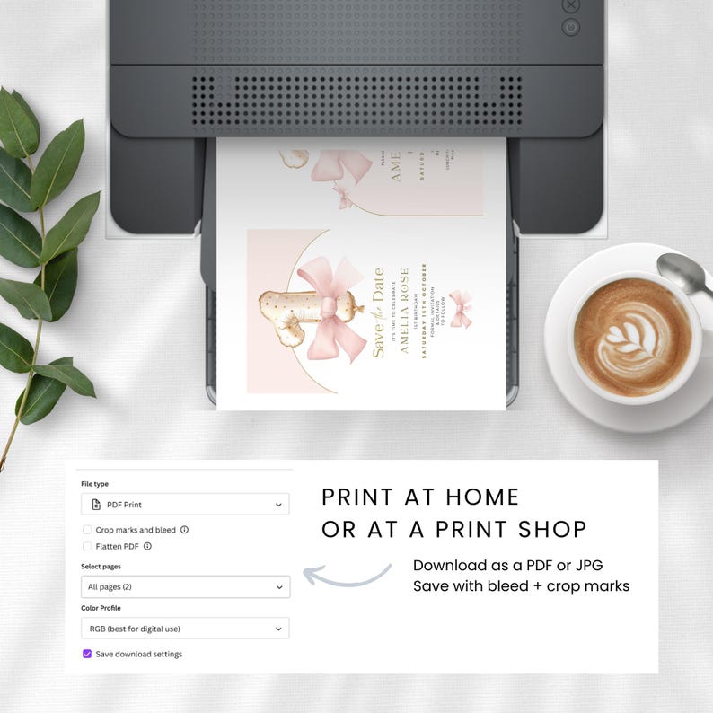 May include: A printable save the date card for a first birthday party. The card features a pink and gold color scheme with a number one balloon and a bow. The text on the card reads "Save the Date" and "Amelia Rose". The card is designed to be printed at home or at a print shop.