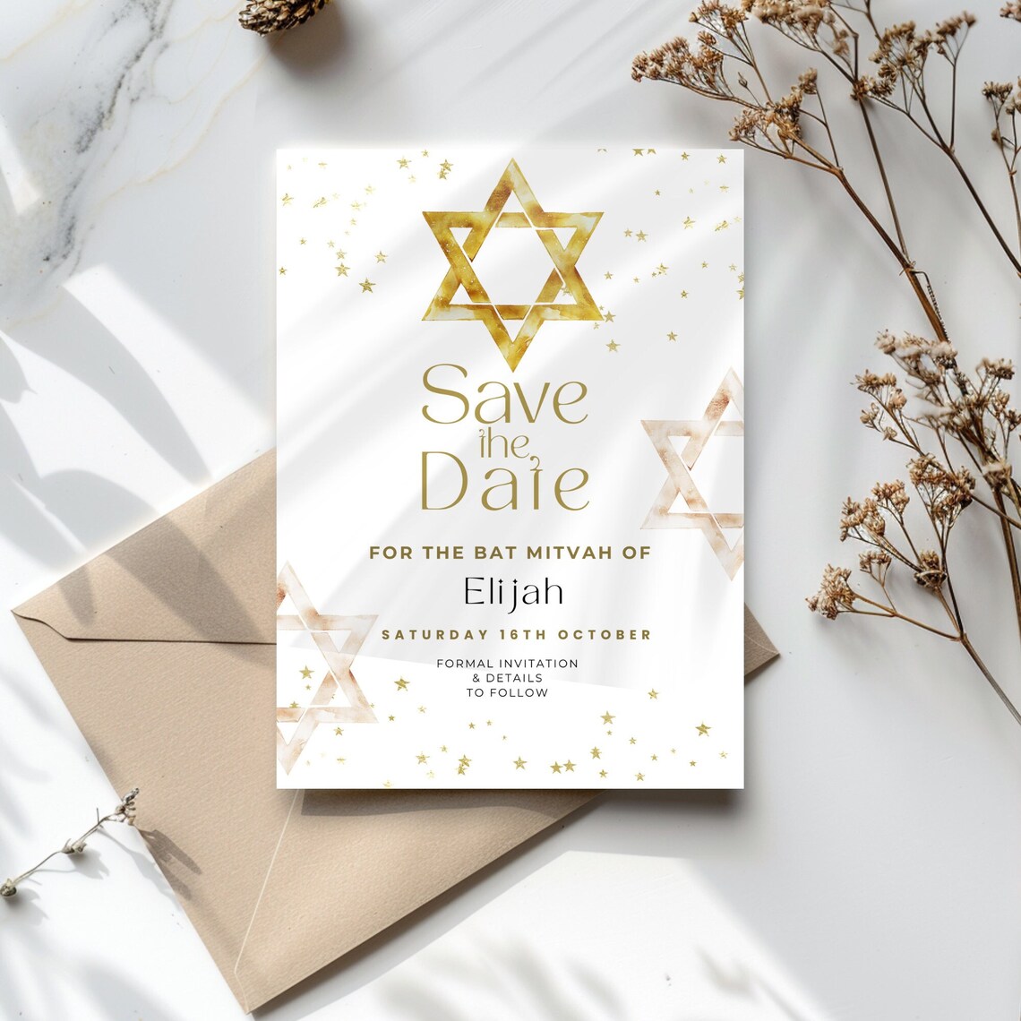 Save the Date Bat Mitzvah, Bar Mitzvah Digital Invite, Star of David ...