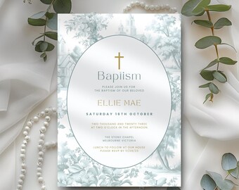 Baptism Invitation Sage Green and Gold, Toile de Jouy, Vintage Floral Greenery Christening Invite, Digital & Electronic, Printable, Editable