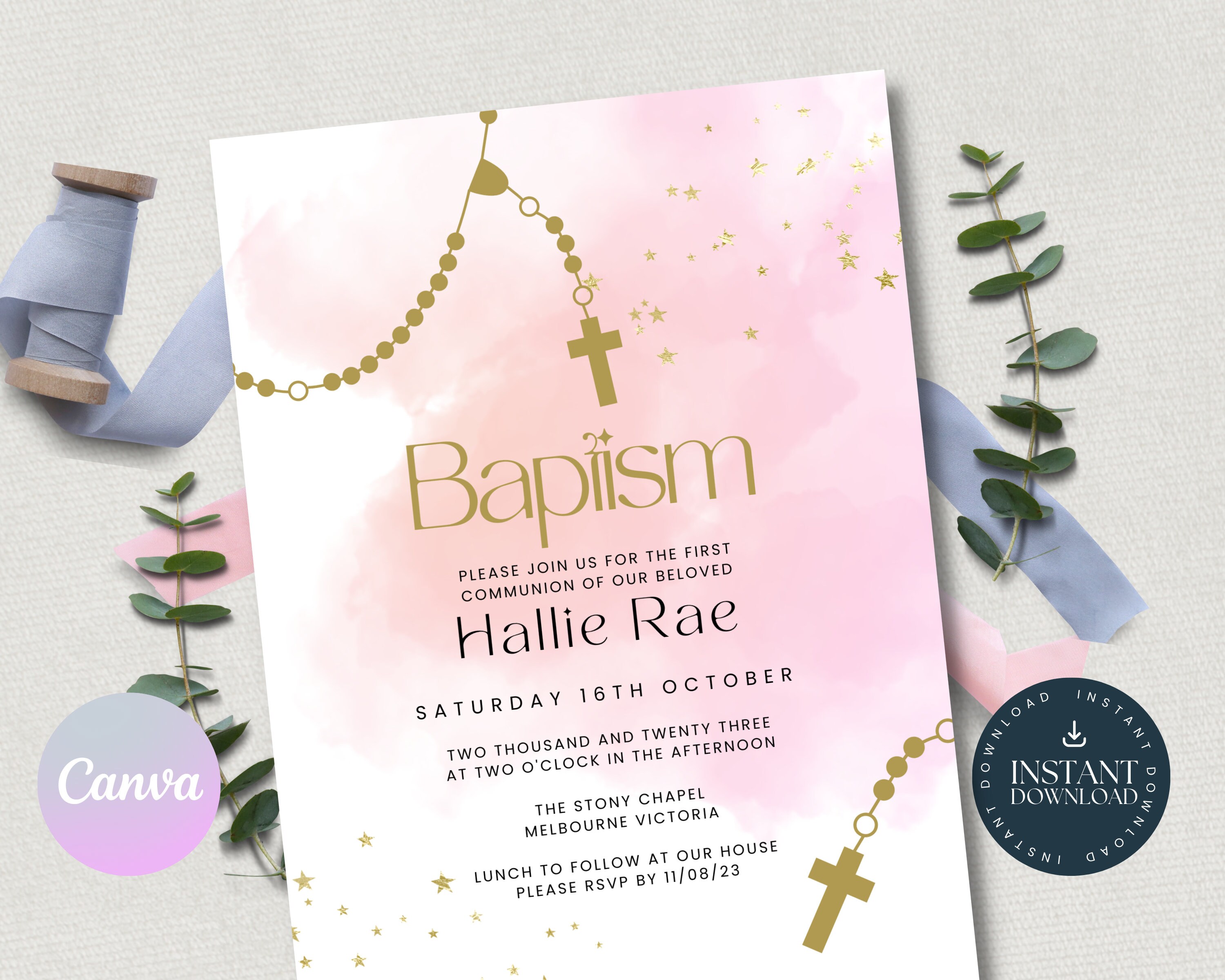 Rosary Baptism Invitation for Girl, Blush Pink Watercolor, Digital