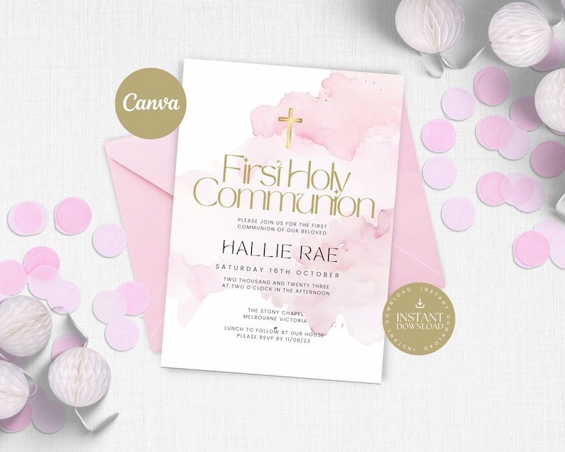 Girls First Holy Communion Invitation, Pink Watercolor Invite With ...