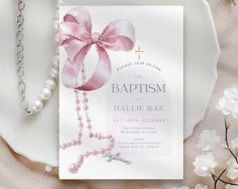 Baptism Invitation with Bows for Girls, Pink Croquette Bow & Rosary Christening Invite, Editable Digital and Printable Template, Electronic