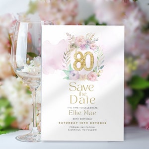 80th Birthday Save The Date Digital, Invitation for Women, Pink and Purple Watercolor Flower Wreath, Floral Eightieth Party Invite