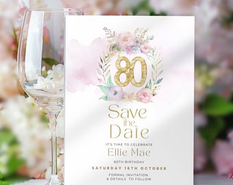 80th Birthday Save The Date Digital, Invitation for Women, Pink and Purple Watercolor Flower Wreath, Floral Eightieth Party Invite