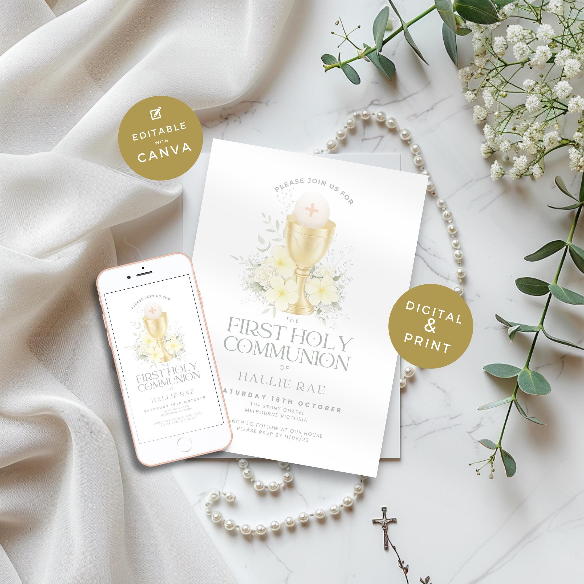 First Holy Communion Invitation Girl With Chalice & Lemon Flowers, 1st ...