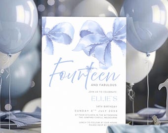 14th Birthday Invite, Blue Bow Coquette Style Template for Teen Girls, Editable Digital Download, Canva Birthday Party Invitation, Printable
