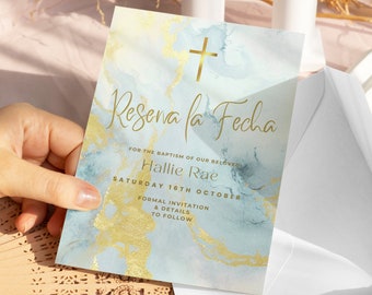 Reserva La Fecha Bautizo, Boy, Blue, Save The Date Baptism Card, Baptism Invitations In Spanish, Invitacion De Bautizo, SP04