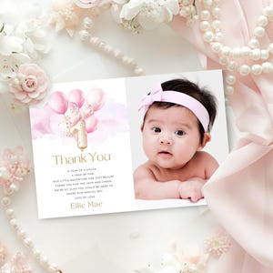 Baptism Thank You Card with Photo, Dusty Pink & Gold Balloon Theme for Girl, Editable Baby Christening Note, Printable Card, Customizable