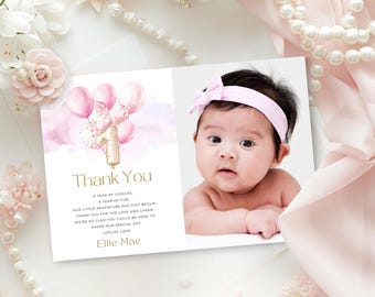 Baptism Thank You Card with Photo, Dusty Pink & Gold Balloon Theme for Girl, Editable Baby Christening Note, Printable Card, Customizable