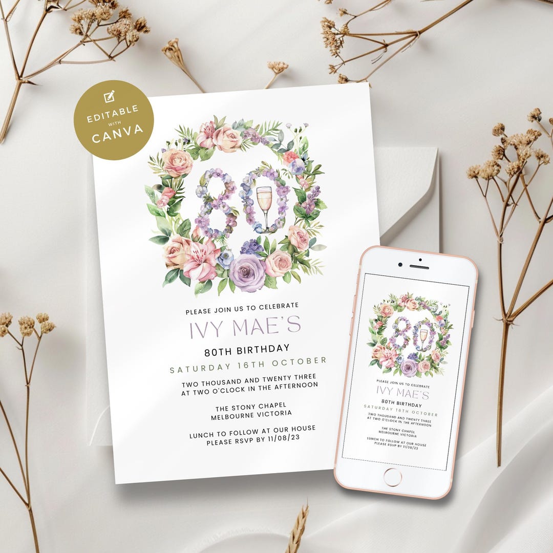 Floral 80th Birthday Invitation, Look Who's 80 Dinner Invite With ...