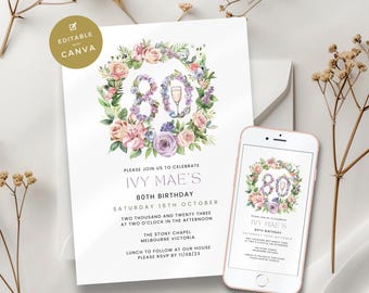Puede incluir: Una invitación a un 80 cumpleaños con un diseño de corona floral. El número 80 está rodeado de flores rosas, moradas y verdes. El texto dice "Por favor, únase a nosotros para celebrar el 80 cumpleaños de Ivy Mae, Sábado 16 de octubre, Dos mil veintitrés a las dos de la tarde, The Stony Chapel, Melbourne Victoria, Almuerzo posterior en nuestra casa, Por favor, confirme su asistencia antes del 11/08/23".
