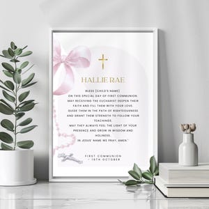 First Holy Communion Prayer Sign, Pink Bow and Rosary Decor for Girl, 1st Communion Blessing, Printable & Editable, Digital Personalized